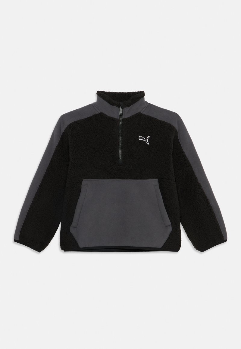 Μαύρο και σκουρόγκρι fleece πουλόβερ με μπροστινή τσέπη καγκουρό, γιακά με μισό φερμουάρ και λευκό λογότυπο Puma στο αριστερό στήθος.
