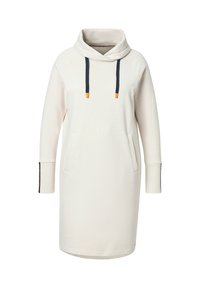 Hoodie jurk in off-white, met lange mouwen, kangoeroezakken en marineblauwe koorden met oranje accenten. Zachte stofstructuur.
