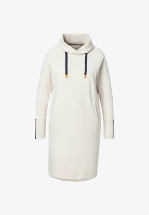 Hætteklædt sweatshirt kjole i off-white, med lange ærmer, kenguruposer og marineblå snører med orange detaljer. Blødt stof.