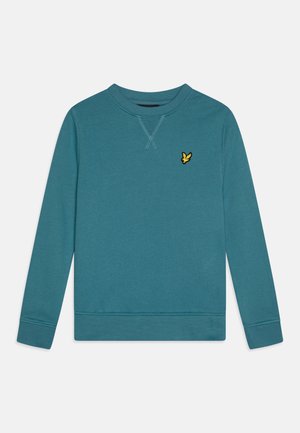 Teal sweatshirt made of cotton, featuring long sleeves, crew neck, and yellow embroidered logo on the chest. Smooth texture with ribbed cuffs.