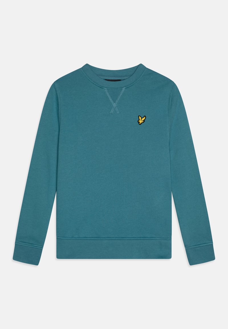 Sweatshirt verde-água em algodão, com mangas longas, gola redonda e logo amarelo bordado no peito. Textura suave com punhos canelados.