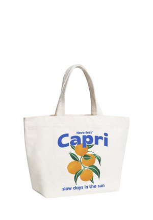 White tote bag with handles, featuring text "Neverless Capri" and "slow days in the sun" alongside illustration of orange fruits with green leaves.