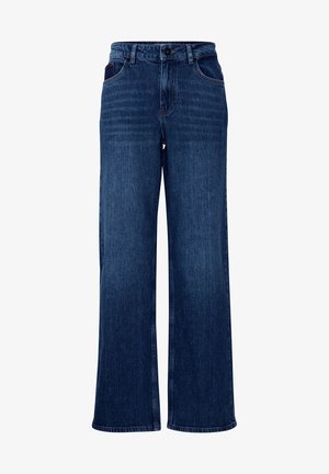 Weite Jeans aus dunkelblauem Denim mit hohem Bund, vorderen Taschen und dezenten Abriebsstellen, sowie genähten Details entlang der Nähte.