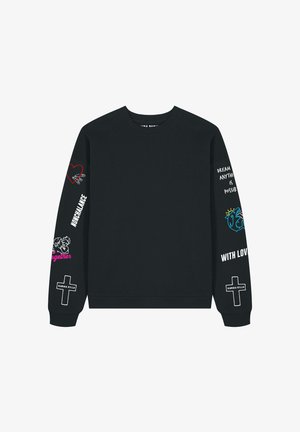 Schwarzer Sweatshirt mit Rundhalsausschnitt, gerippten Bündchen und verschiedenen bunten Grafiken auf den Ärmeln, darunter Herzen und Texte.