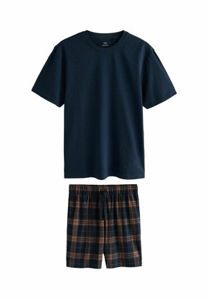 Marineblå T-shirt med korte ærmer kombineret med marineblå ternede shorts med elastisk talje og brune samt beige striber.