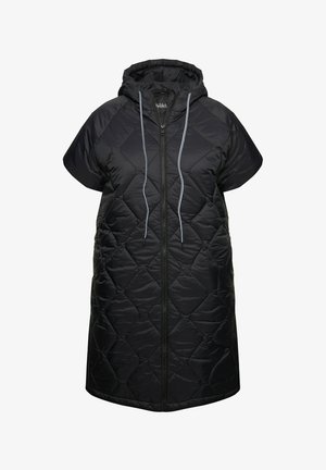 Schwarze, gesteppte Pufferjacke mit kurzen Ärmeln, Kapuze und Front-Reißverschluss. Ausgestattet mit kontrastierenden Kordeln und einem strukturierten Rautenmuster.