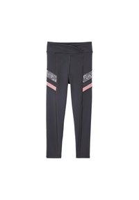 Black leggings with a wide waistband, contrasting pink and patterned accents on the sides, and flat seam stitching for comfort.