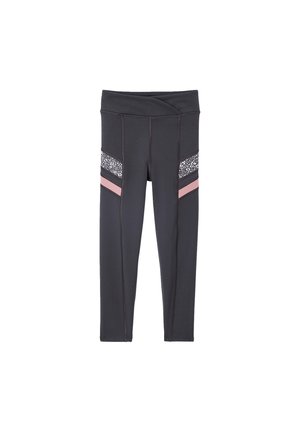 Schwarze Leggings mit einem breiten Bund, kontrastierenden rosa und gemusterten Akzenten an den Seiten sowie flachen Nahtnähten für Komfort.