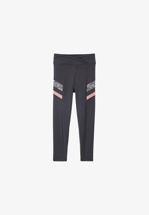Schwarze Leggings mit einem breiten Bund, kontrastierenden rosa und gemusterten Akzenten an den Seiten sowie flachen Nahtnähten für Komfort.