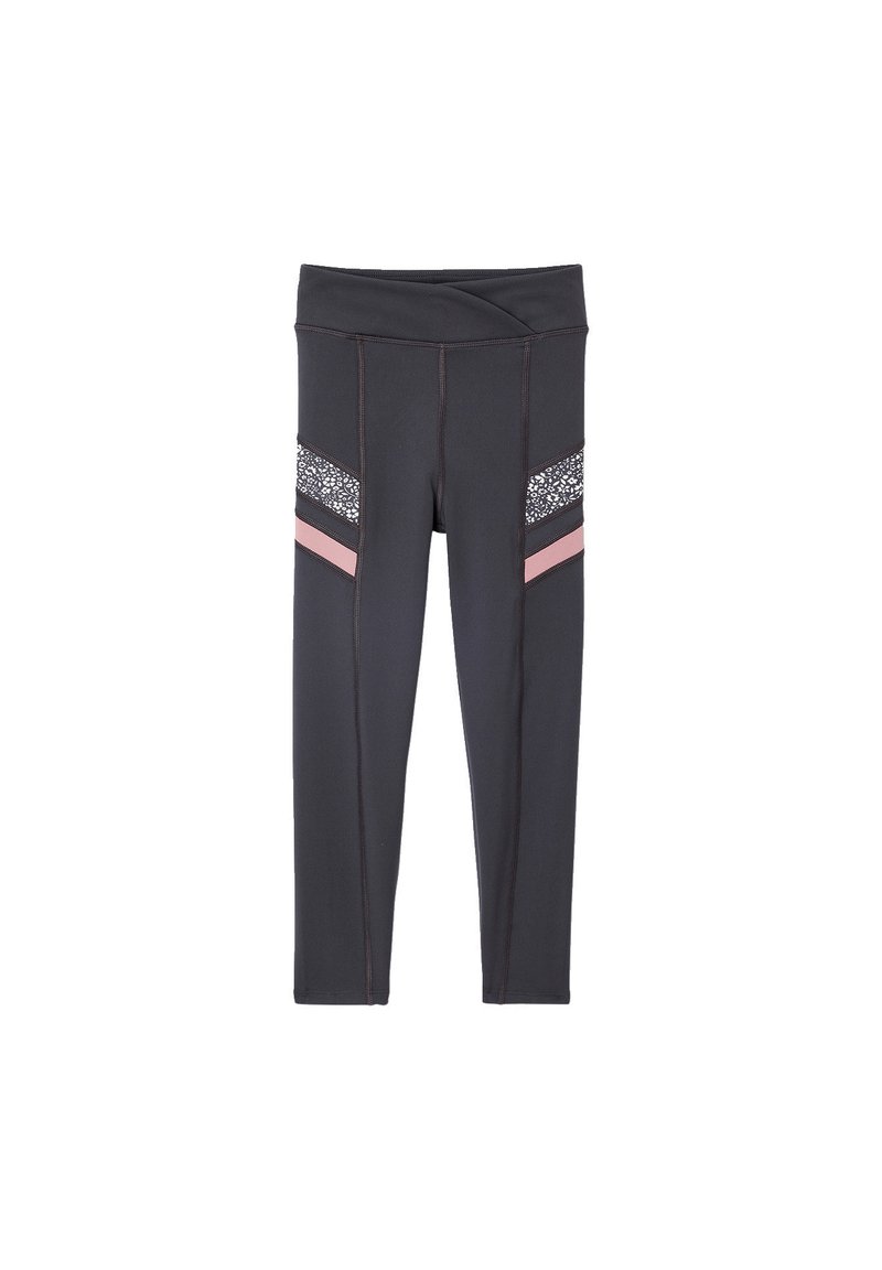 Black leggings with a wide waistband, contrasting pink and patterned accents on the sides, and flat seam stitching for comfort.