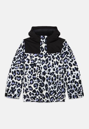 Leopárdmintás dzseki fehér, kék és fekete színben. Kapucnival, cipzáras záródással és két elülső zsebbel rendelkezik. Texturált, tartós anyagból készült.