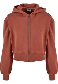 Cropped zip-up hoodie in terracotta, met een capuchon, elastische manchetten en een zachte, gestructureerde stof. Eenvoudig ontwerp zonder patronen of accenten.