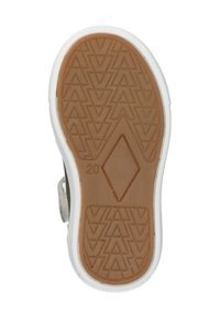 Semelle de chaussure en caoutchouc avec un motif brun et des bords blancs. Présente un contour en losange et le nombre "20" embossé.