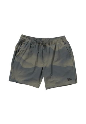 Pantaloni da bagno da uomo realizzati in tessuto leggero, con un motivo mimetico grigio, vita elastica con cordoncino e tasche laterali.