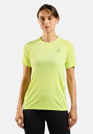Short-sleeve, bright neon yellow athletic shirt with a textured surface and a round neckline, featuring a subtle logo on the chest.
