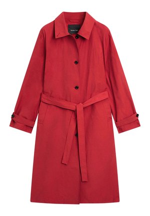 Roter langer Trenchcoat mit Kragen, schwarzen Knöpfen, verstellbarem Gürtel und geknöpften Manschetten, entworfen von Massimo Dutti.