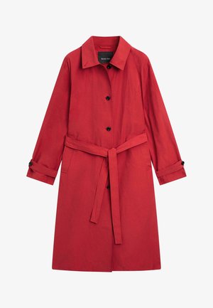 Red long trench coat with collar, black buttons, adjustable belt, and buttoned cuffs, designed by Massimo Dutti.
