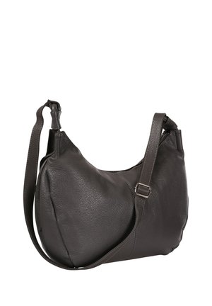 Black textured leather shoulder bag with adjustable strap and silver buckle, crescent-shaped body, slightly slouched on white background.