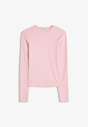 Maglietta a maniche lunghe color rosa chiaro, realizzata in un tessuto morbido. Presenta un colletto rotondo e un design aderente con orli dritti e senza motivi visibili.