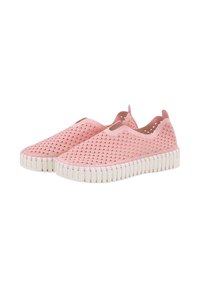 Rosa Slipper mit einem durchbrochenen Design, ausgestattet mit einer dicken weißen Gummisohle und abgerundeten Kanten für Komfort und Atmungsaktivität.
