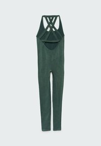 Combinaison sans manches longue couleur vert foncé avec des bretelles croisées dans le dos, présentée à plat sur un fond clair.