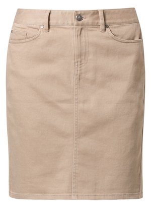Beżowa spódnica z denimu z przednimi kieszeniami, dopasowanym krojem i widocznym przeszyciem wzdłuż szwów. Metalowe zapięcie na guzik w pasie.