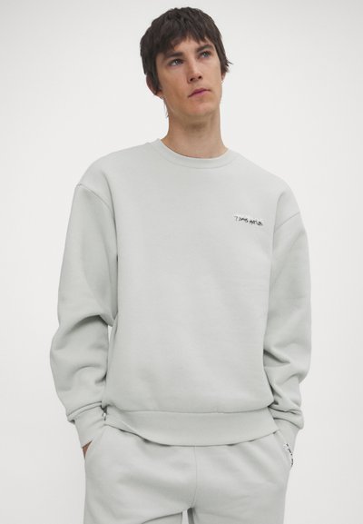 Sweatshirt gri deschis cu guler rotund, manșete și tiv ribbate. Prezintă text brodat pe piept. Material moale și neted.