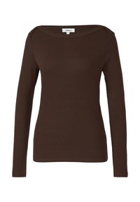 Brązowa, długorękawowa bluzka wykonana z prążkowanej tkaniny. Posiada szeroki, łódkowy dekolt oraz dopasowany krój, z gładkimi szwami i bez widocznych zdobień.