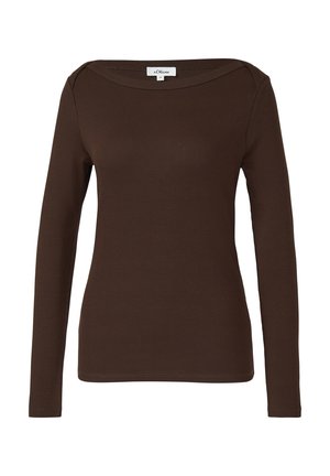 Bruine top met lange mouwen gemaakt van geribbelde stof. Heeft een brede boothals en een slim-fit pasvorm, met nette naden en zonder zichtbare versieringen.