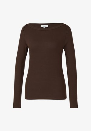 Bruine top met lange mouwen gemaakt van geribbelde stof. Heeft een brede boothals en een slim-fit pasvorm, met nette naden en zonder zichtbare versieringen.