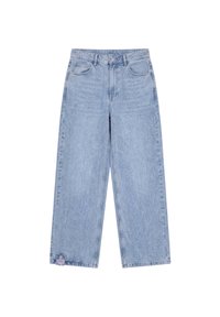 Jean denim bleu clair à jambes larges avec poches avant, passants pour ceinture, fermeture par boutons et une petite étiquette en tissu sur l’ourlet de la jambe gauche.