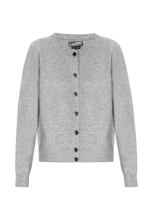 Gray cardigan with a round neckline, long sleeves, and front button closure. Made of soft fabric with a smooth texture and black buttons.