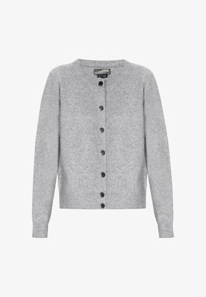 Cardigan gri cu guler rotund, mâneci lungi și închidere cu butoane în față. Confecționat dintr-un material moale cu o textură netedă și butoane negre.