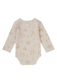 Långärmad babybody i mjuk beige tyg med ett mönster av rostfärgade växter över hela. Rundad halsringning. Tryckknappar i botten.