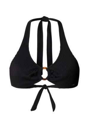 Czarny biustonosz bikini o prążkowanej teksturze, z wiązaniami na szyi w stylu halter i okrągłym złotym akcentem na środku. Regulowane wiązanie na plecach.