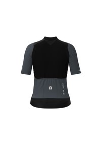 Short-sleeve cycling jersey in black and dark grey. Made from textured fabric with a snug fit, featuring a rear pocket and brand logo.