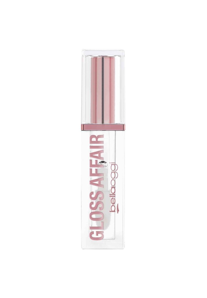 Tubo di lucidalabbra trasparente con tappo rosa e applicatore all'interno, etichettato "Gloss Affair" e "bellàoggi" in testo rosa.