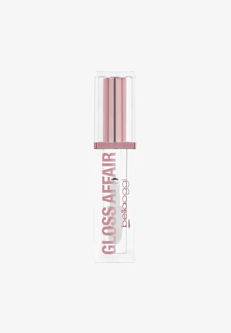 Tubo di lucidalabbra trasparente con tappo rosa e applicatore all'interno, etichettato "Gloss Affair" e "bellàoggi" in testo rosa.