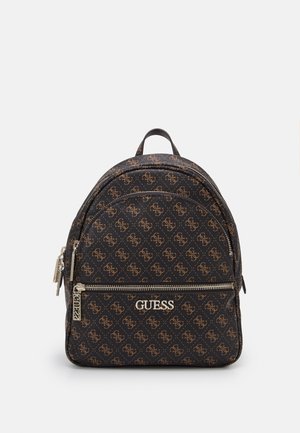 Zaino nero realizzato in materiale a motivo con un design del logo sovrapposto in marrone. Chiusura con zip argento e etichetta brandizzata sul davanti.