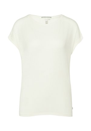 Bela majica s kratkimi rokavi iz mehke, lahke tkanine z sproščenim krojem in okroglim izrezom. Ponuja minimalen design brez vidnih vzorcev.