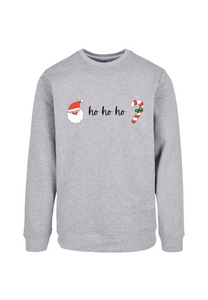Grauer Sweatshirt mit dem Text "Ho Ho Ho", einem Santa-Gesicht und einem Zuckerstangen-Graphic in rot, grün und schwarz. Rundhalsausschnitt, lange Ärmel.