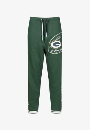 Groene sweatpants van katoen, met een wit logo en tekst, elastische tailleband met trekkoord en gestreepte boorden bij de enkels.