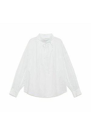 Weißes langärmliges Hemd mit rundem Kragen, Krawattenverschluss und lockerer Passform. Hergestellt aus einem leichten Stoff mit glatter Textur.