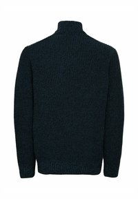 Dunkelblauer Strickpullover mit hohem Kragen, strukturierter Webart und geripptem Saum. Die Rückseite zeigt ein glattes Muster ohne zusätzliche Details.