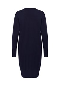 Marineblaues Strickkleid mit langen Ärmeln, Rundhalsausschnitt und lockerem Sitz. Glatte Textur sowie gerippte Bündchen und Saumdetail.