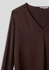 Blusa marrone a scollo a V con maniche lunghe. Realizzata in tessuto morbido, presenta una leggera lucentezza e cuciture pulite. Design minimalista senza decorazioni.