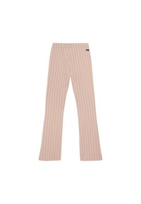 Lichtroze flared broek met verticale strepen in een contrasterende kleur. Heeft een gestructureerde stof en een elastische tailleband.