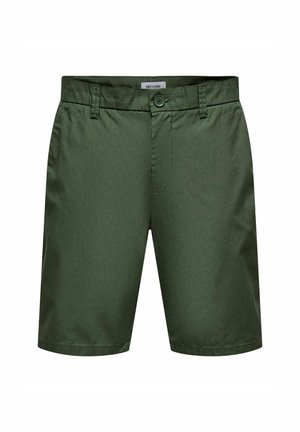 Grüne Shorts aus leichtem Material, mit Knopfverschluss, Gürtelschlaufen und glatter Textur. Maßgeschneiderter Schnitt mit geradem Bein.