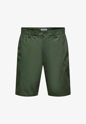 Rohelised lühikesed püksid, mis on valmistatud kergetest lõngadest, millel on nööbiga sulgemine, vöökohad ja sile tekstuur. Kohandatud disain sirge säärega.