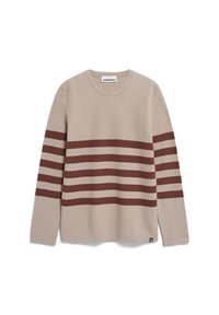 Maglione beige con strisce orizzontali marroni, scollatura rotonda, maniche lunghe, tessuto a maglia con texture e una piccola etichetta all'orlo.